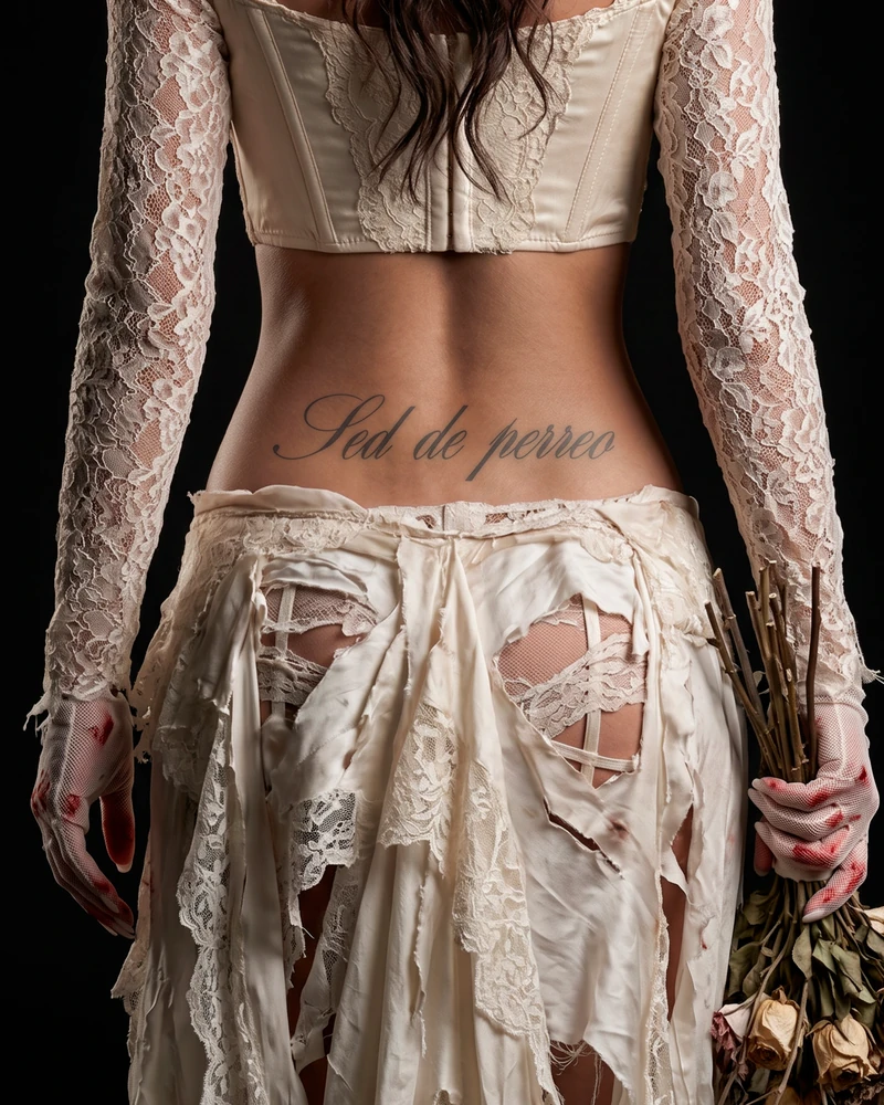 Disfraz de Novia, vista de espalda con el tatuaje Sed de perreo.