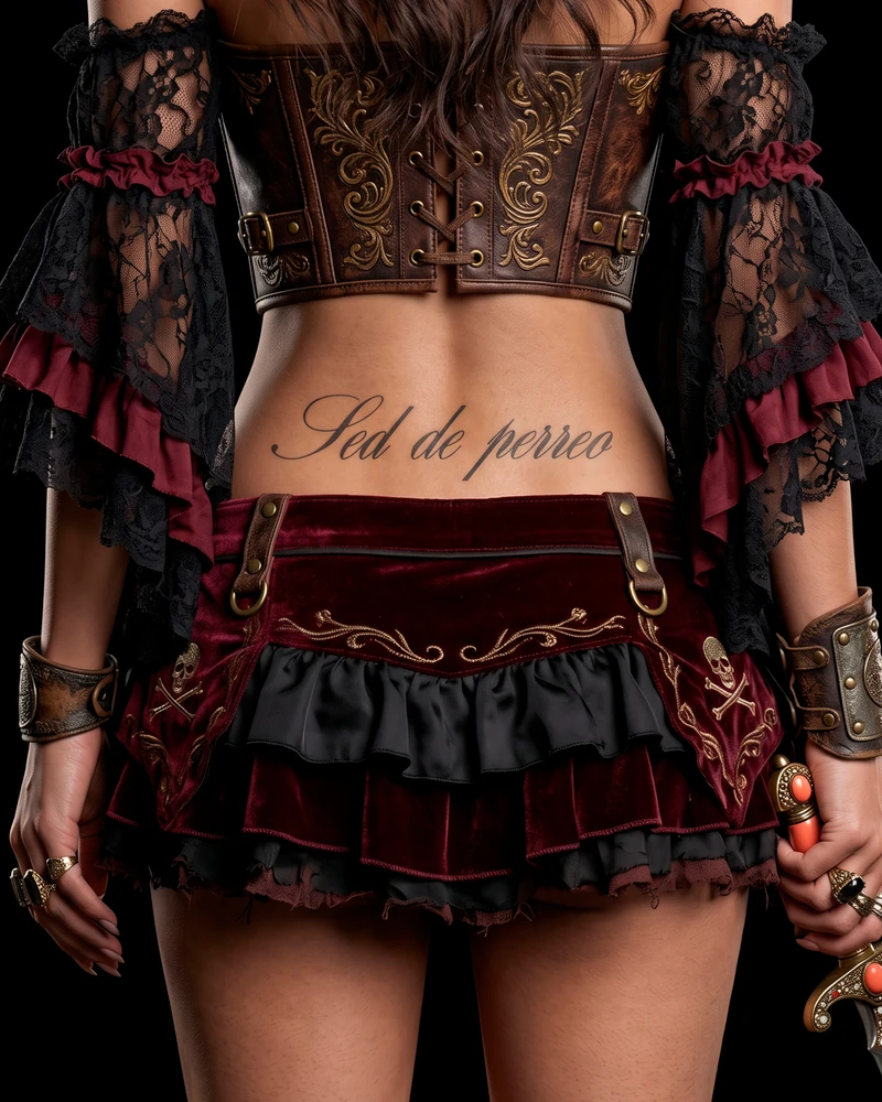 Disfraz de Pirata, vista de espalda con el tatuaje Sed de perreo.
